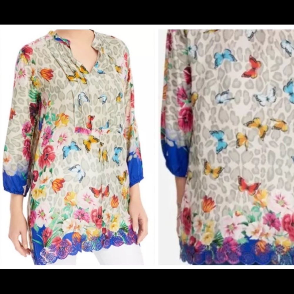 JOHNNY WAS MAY FLOWER KHALANI SILK TOP TUNIC FLORAL EMBROIDERED TRIM XS NWOT.